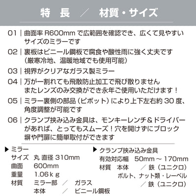 ガレージミラー 家庭用 ブロック 挟み込み ビニール鋼板 塩ビ鋼板 酸性雨 丈夫 取付金具付 小型 丸型 310φ 50～170mm ブロック塀 グレー ガラス製ミラー 腐食に強い 駐車場 クランプ式 屋外 安全 安心 日本製 yh1193