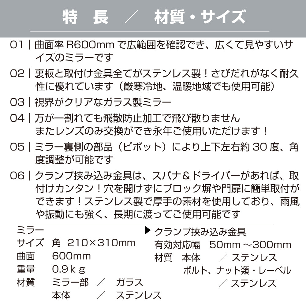 ガレージミラー 家庭用 ブロック 挟み込み ステンレス製 取付金具付 小型 角型 210×310mm グレー ガラス製ミラー 裏板ステンレス 50～300mm 厚手 丈夫 雨風 ブロック塀 門扉 壁 駐車場 クランプ式 屋外 安全 安心 日本製 yh1242
