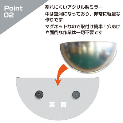 カーブミラー 室内 防犯ミラー 半球ミラーハーフ 約1030×515×282mm アクリル製 マグネット式 ワンタッチ 死角 衝突 出合い頭 T字路 丁字路 学校 病院 老人ホーム 介護施設 ホテル 飲食店 倉庫 日本製 yh1348