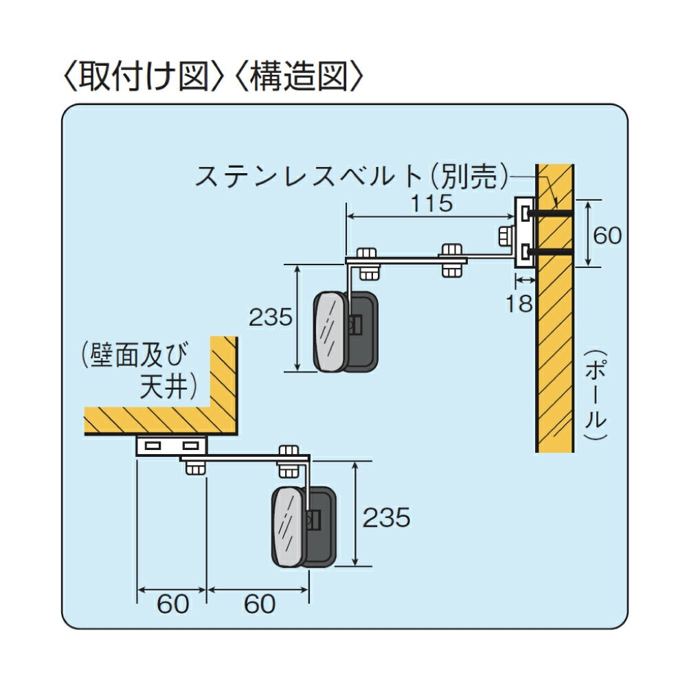 【スピード発送】ガレージミラー カーブミラー 2面鏡タイプ 壁付け 壁面 金具 ステンレス製 さびない 黒色 角型 175×150mm 取付金具付き ガラス製 ミラー 鏡 日本製 駐車場 車庫 ツイン 家庭用 安全 防犯対策 簡単設置 HTS-5S yh1432