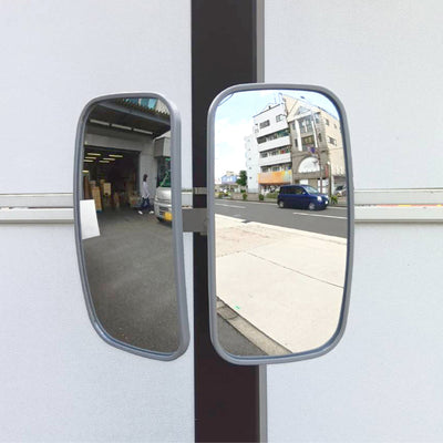 【スピード発送】ガレージミラー カーブミラー 2面鏡タイプ 金具 ステンレス製 さびない グレー 角型 320×175mm ベルト取付式 ステンレスベルト 40cm / 120cm 金具付 ガラス製 ミラー 鏡 日本製 yh1480