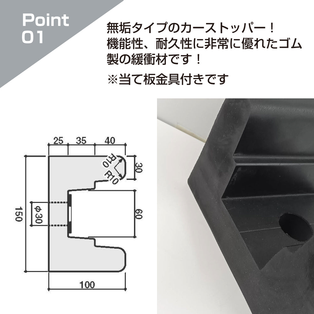 カーストッパー タイヤストッパー H100×W150mm 長さ2M M型 無垢 ゴム 合成ゴム 当て板金具あり無垢タイプ ゴムストッパー トラック当たり止めゴム 合成ゴム製 耐久性 倉庫 物流センター 配送センター 工場 駐車場 KM-1015 / 1本 / 3本 /yh1494