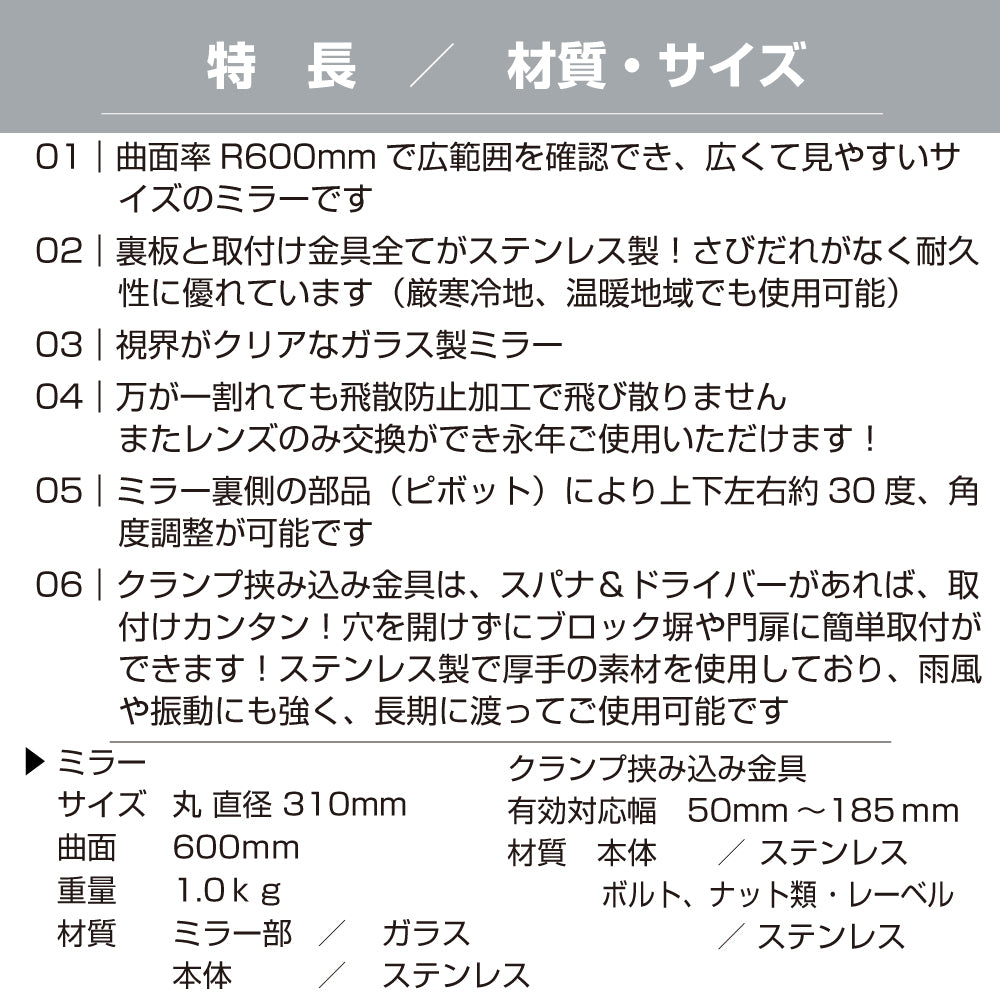 ガレージミラー 家庭用 ブロック 挟み込み ステンレス製 取付金具付 小型 丸型 310φ グレー ガラス製ミラー 裏板ステンレス 50～185mm 厚手 丈夫 雨風 ブロック塀 門扉 壁 駐車場 クランプ式 屋外 安全 安心 日本製 yh1513