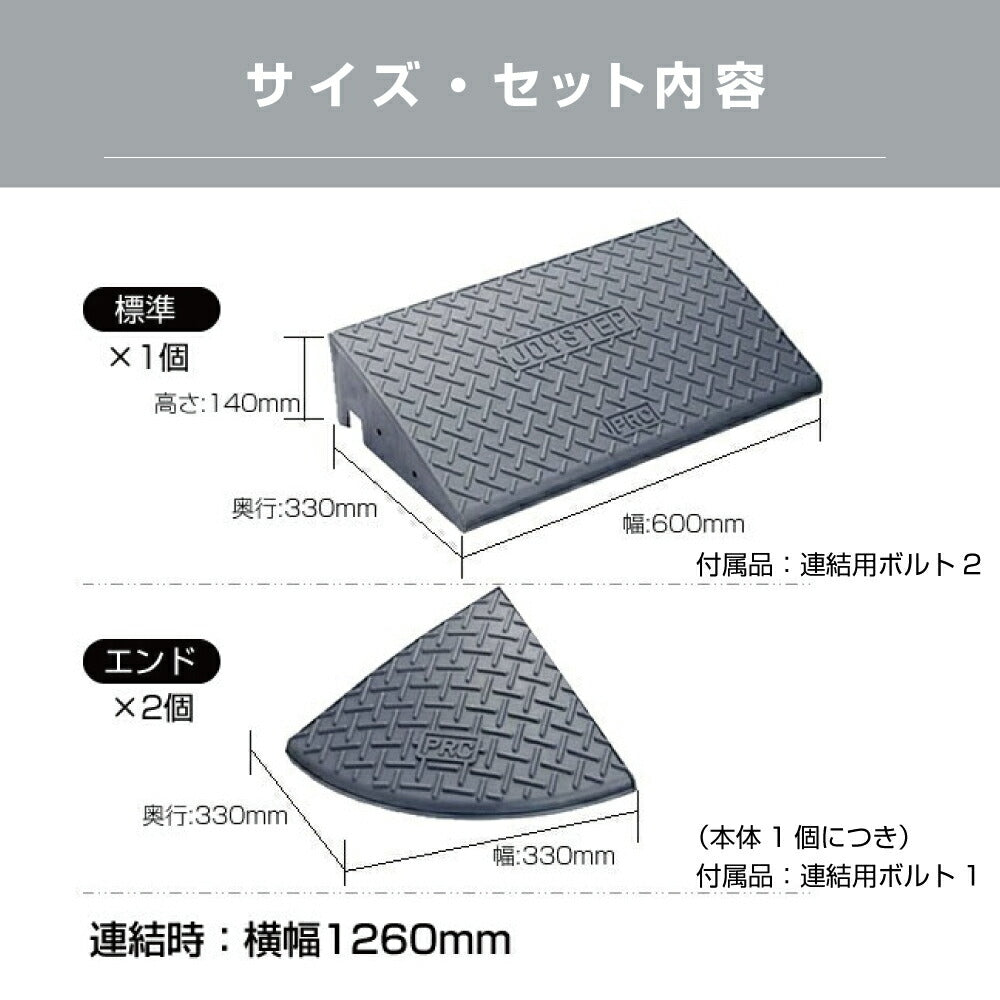 段差スロープ 段差プレート 全幅1260mm × 高さ140mm 標準1個+コーナー2個 ダークグレー 高圧ポリエチレン製 yh365