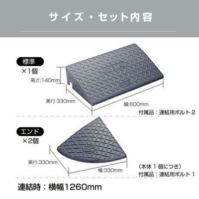 段差スロープ 段差プレート 全幅1260mm × 高さ140mm 標準1個+コーナー2個 ダークグレー 高圧ポリエチレン製 yh365