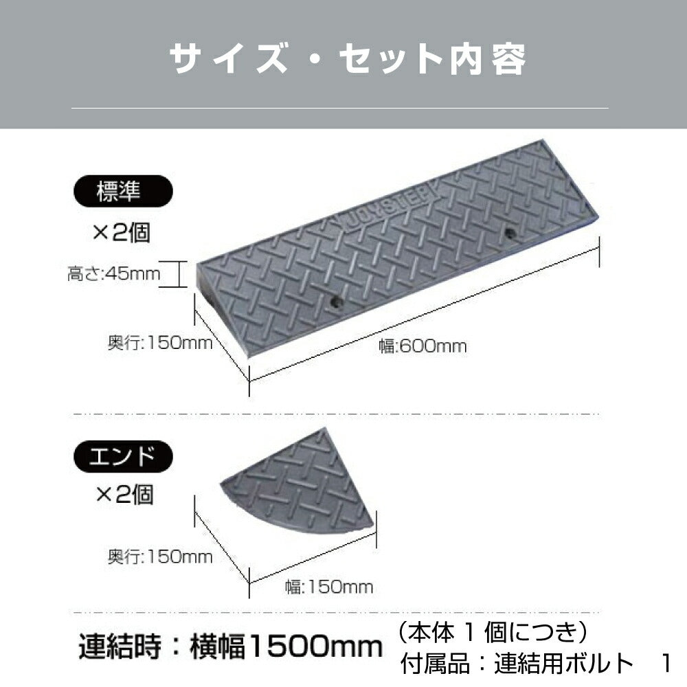 段差スロープ 段差プレート 全幅1500mm × 高さ45mm 標準2個+コーナー2個 ダークグレー高圧ポリエチレン製 yh366