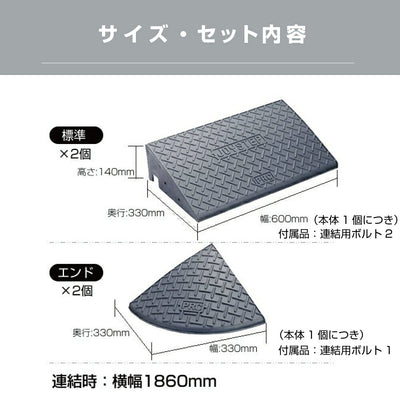 段差スロープ 段差プレート 全幅1860mm × 高さ140mm 標準2個+コーナー2個 ダークグレー 高圧ポリエチレン製 yh368