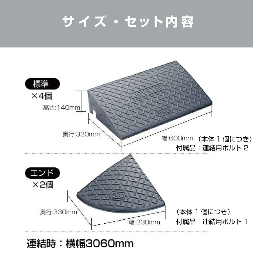 段差スロープ 段差プレート 全幅3060mm × 高さ140mm 標準4個+コーナー2個 ダークグレー 高圧ポリエチレン製 yh374