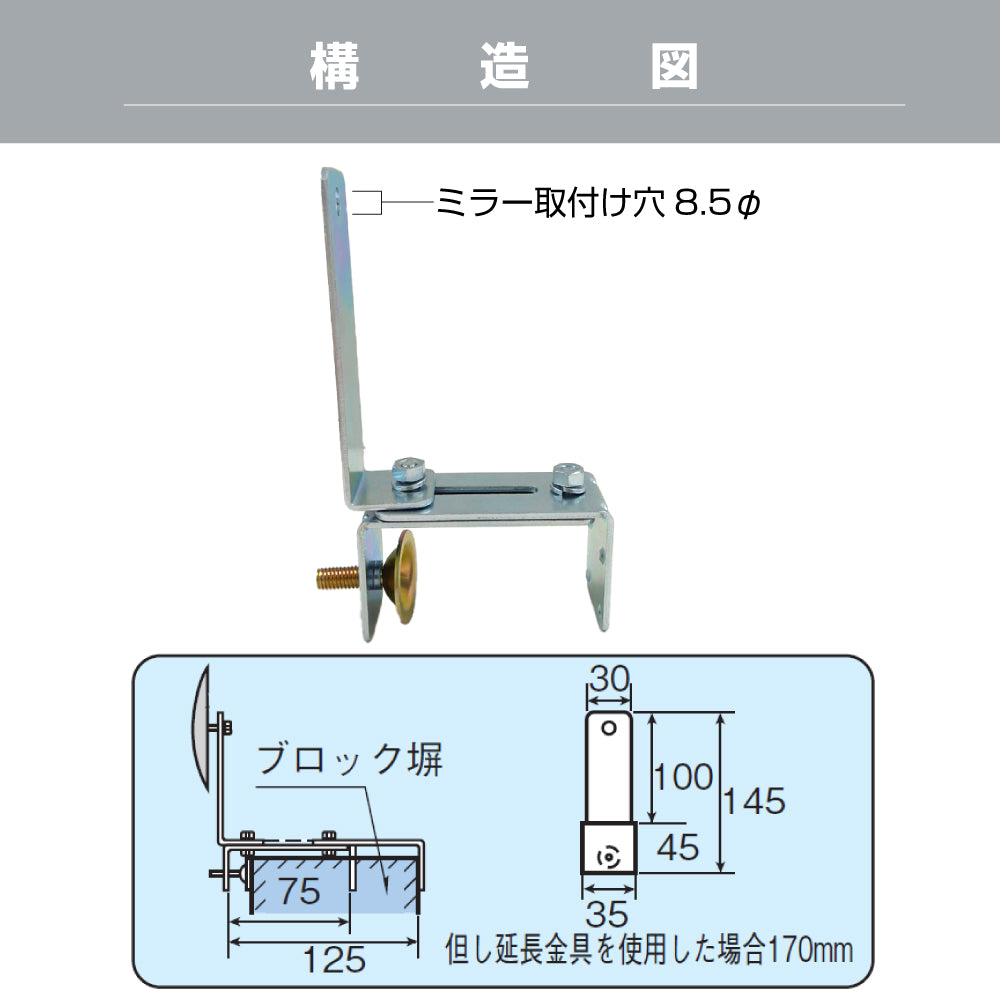 ガレージミラー用 ブロック 挟み込み 取付金具 家庭用 クランプ金具 取付幅50～270mm ブロック塀 門扉 壁 駐車場 クランプ式 屋外 日本製 yh515