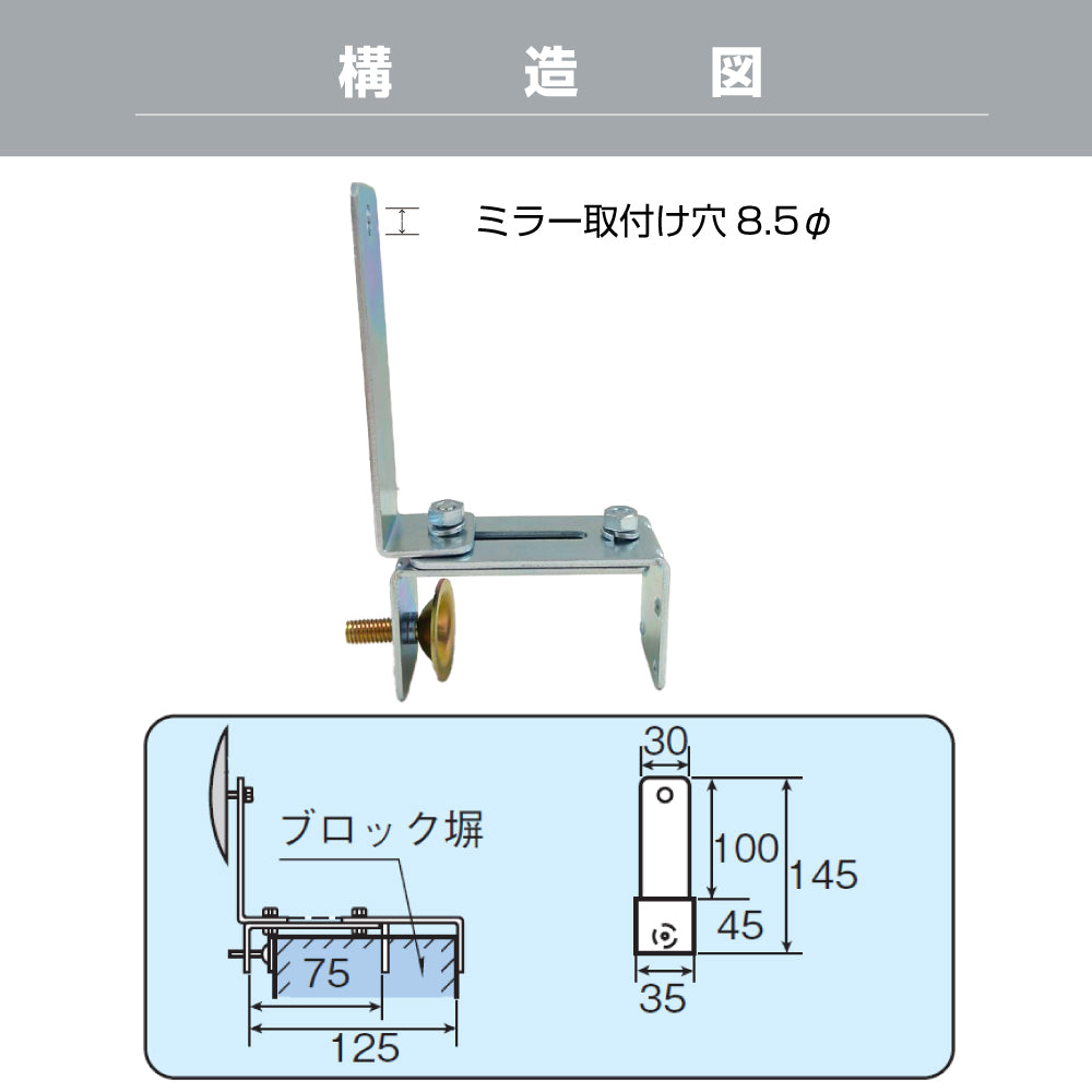 ガレージミラー用 ブロック 挟み込み 取付金具 家庭用 クランプ金具 50～270mm ブロック塀 門扉 壁 駐車場 クランプ式 屋外 日本製 yh515