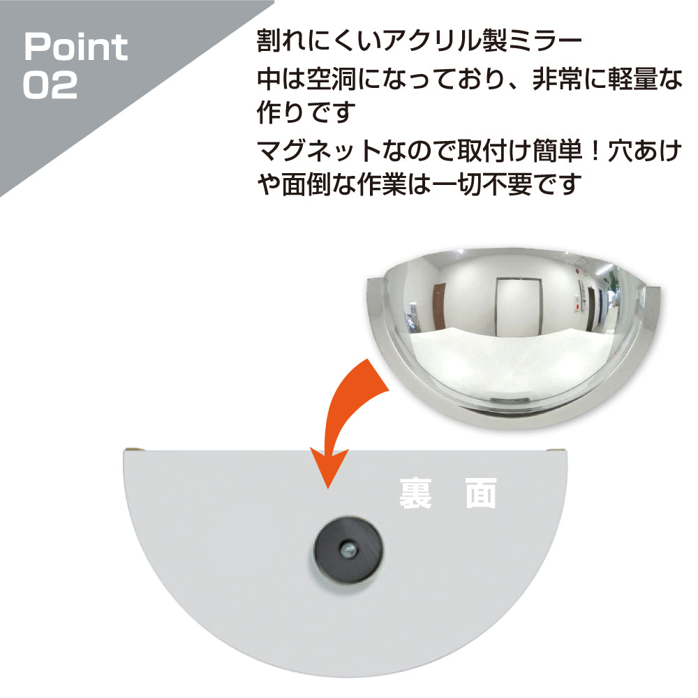 カーブミラー 室内 防犯ミラー 半球ミラーハーフ 約330×165×112mm アクリル製 マグネット式 ワンタッチ 死角 衝突 出合い頭 T字路 丁字路 学校 病院 老人ホーム 介護施設 ホテル 飲食店 倉庫 日本製 yh949