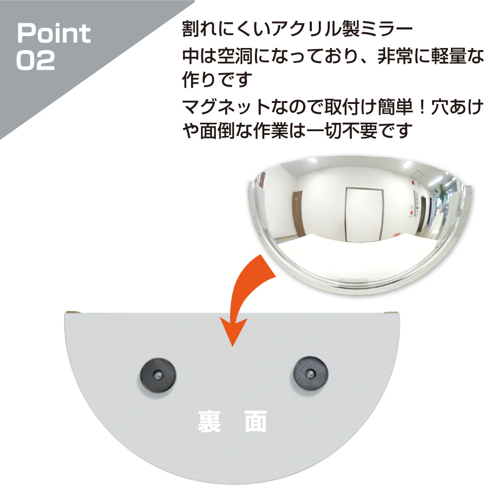 カーブミラー 室内 防犯ミラー 半球ミラーハーフ 約530×265×172mm アクリル製 マグネット式 ワンタッチ 死角 衝突 出合い頭 T字路 丁字路 学校 病院 老人ホーム 介護施設 ホテル 飲食店 倉庫 日本製 yh950