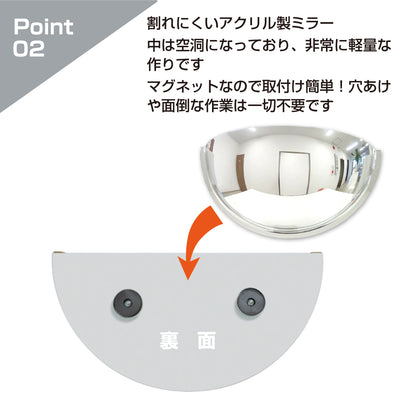 カーブミラー 室内 防犯ミラー 半球ミラーハーフ 約530×265×172mm アクリル製 マグネット式 ワンタッチ 死角 衝突 出合い頭 T字路 丁字路 学校 病院 老人ホーム 介護施設 ホテル 飲食店 倉庫 日本製 yh950