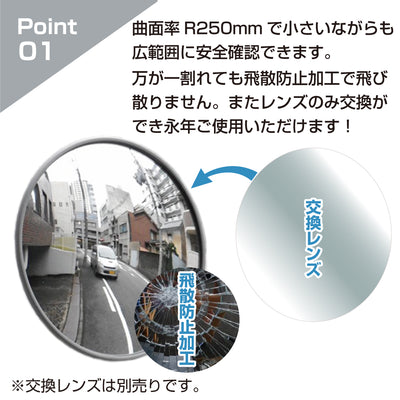 ガレージミラー 家庭用 ブロック 挟み込み ステンレス製 取付金具付 小型 丸型 210φ グレー ガラス製ミラー 裏板ステンレス 50～185mm ブロック塀 門扉 壁 駐車場 クランプ式 屋外 安全 安心 日本製 yh956