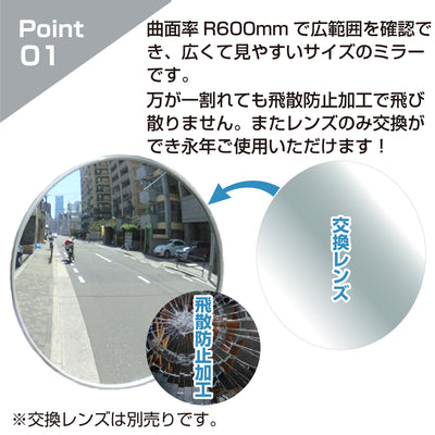 ガレージミラー 家庭用 ブロック 挟み込み ビニール鋼板 塩ビ鋼板 酸性雨 丈夫 取付金具付 小型 丸型 310φ 50～270mm ブロック塀 グレー ガラス製ミラー 腐食に強い 駐車場 クランプ式 屋外 安全 安心 日本製 yh1194