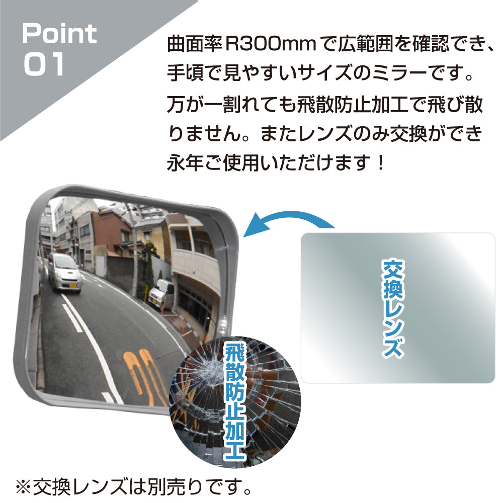 ガレージミラー 家庭用 ブロック 挟み込み ビニール鋼板 塩ビ鋼板 酸性雨 丈夫 取付金具付 小型 角型 190×240mm 50～170mm ブロック塀 グレー ガラス製ミラー 腐食に強い 駐車場 クランプ式 屋外 安全 安心 日本製 yh1211
