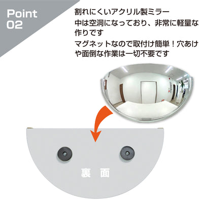 カーブミラー 室内 防犯ミラー 半球ミラーハーフ 約730×365×222mm アクリル製 マグネット式 ワンタッチ 死角 衝突 出合い頭 T字路 丁字路 学校 病院 老人ホーム 介護施設 ホテル 飲食店 倉庫 日本製 yh965